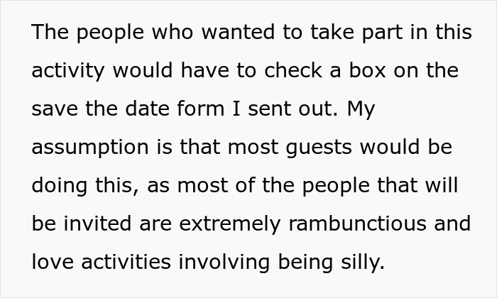 Text snippet explaining guests must opt-in for activities by checking a box, relating to the groom's scary fixation.
