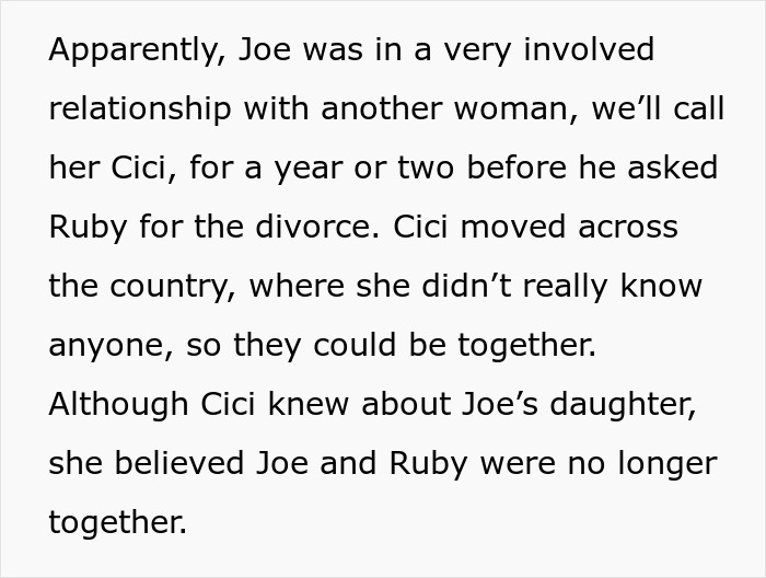 A screenshot of text about a serial cheater's girlfriend, Cici, who knew about his daughter. A screenshot of text about a serial cheater's girlfriend, Cici, who knew about his daughter.