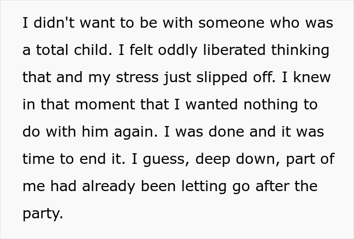 Screenshot of text about a woman realizing she needs to break up with her childish BF. Screenshot of text about a woman realizing she needs to break up with her childish BF.