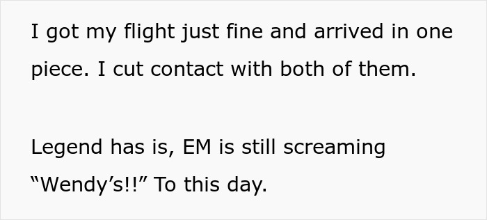 Text describing the 18YO daughter safely arriving and cutting contact with toxic parents after the airport incident. Text describing the 18YO daughter safely arriving and cutting contact with toxic parents after the airport incident.
