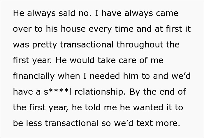 A screenshot of a woman describing her transactional relationship with a cheater.