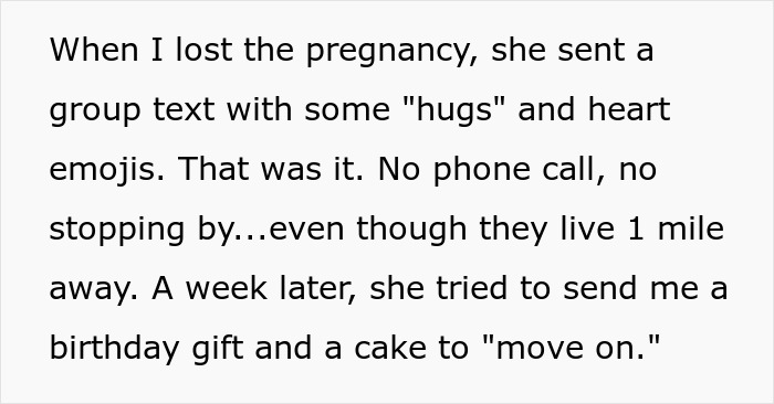 Text detailing MIL's lack of sympathy after DIL's miscarriage, offering only superficial comfort. Text detailing MIL's lack of sympathy after DIL's miscarriage, offering only superficial comfort.