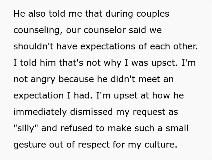 Text explains being upset that a boyfriend dismissed a chopstick etiquette request as silly, refusing a small gesture out of respect. Text explains being upset that a boyfriend dismissed a chopstick etiquette request as silly, refusing a small gesture out of respect.