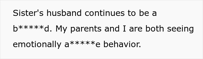 Text describing a sibling's husband's emotional behavior and the service dog conflict.