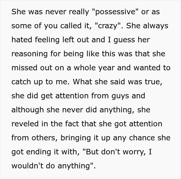 Text detailing the cheating ex's possessiveness and need for attention after their split.