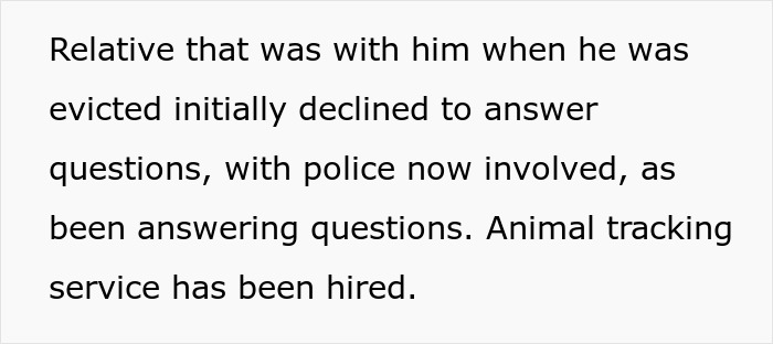 A text update stating police are involved and an animal tracking service was hired after a house sitter lost a cat.