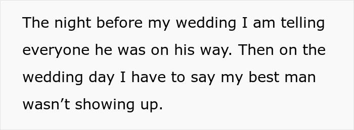 A screenshot of a text message discussing a groom's friend who missed the wedding and has withdrawal issues. A screenshot of a text message discussing a groom's friend who missed the wedding and has withdrawal issues.