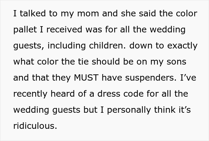 A screenshot discussing a wedding dress code for guests, including children, regarding bridesmaid dresses. A screenshot discussing a wedding dress code for guests, including children, regarding bridesmaid dresses.