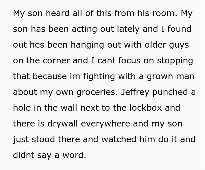 Text detailing how a moocher got violent, punched a wall, and affected a son by raiding food.