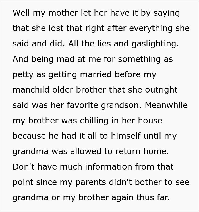 A screenshot of text about an entitled man's mother confronting his grandmother over lies and gaslighting.