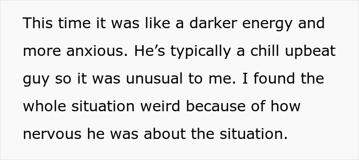 Text describing a 25YO woman realizing her 39YO BF is a cheater, noting his anxious energy, worrying about telling his pregnant wife.