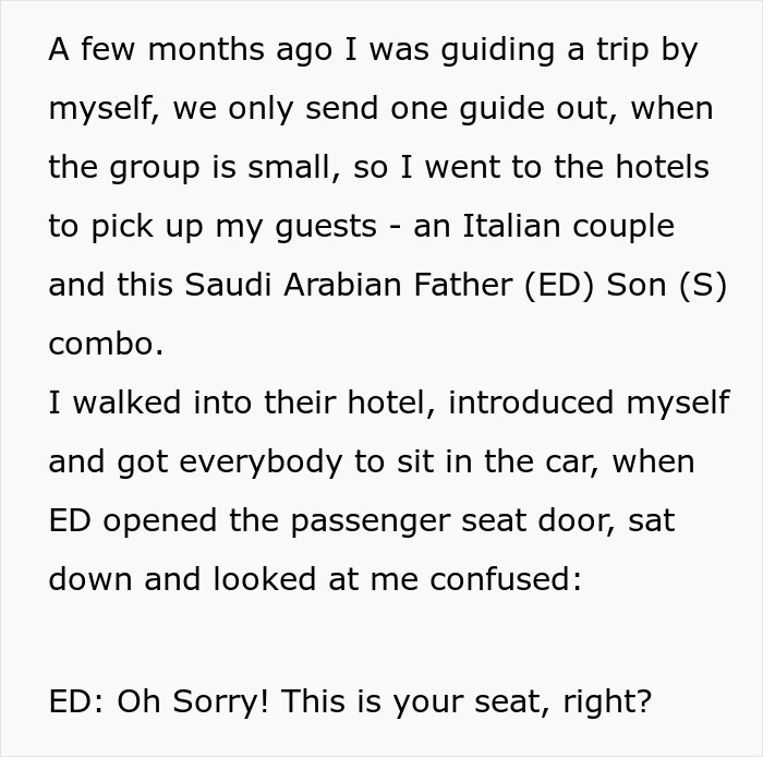 A screenshot of text describing a Saudi Arabian Father and Son trip, highlighting the Saudi Dad's encounter with the woman guide. A screenshot of text describing a Saudi Arabian Father and Son trip, highlighting the Saudi Dad's encounter with the woman guide.