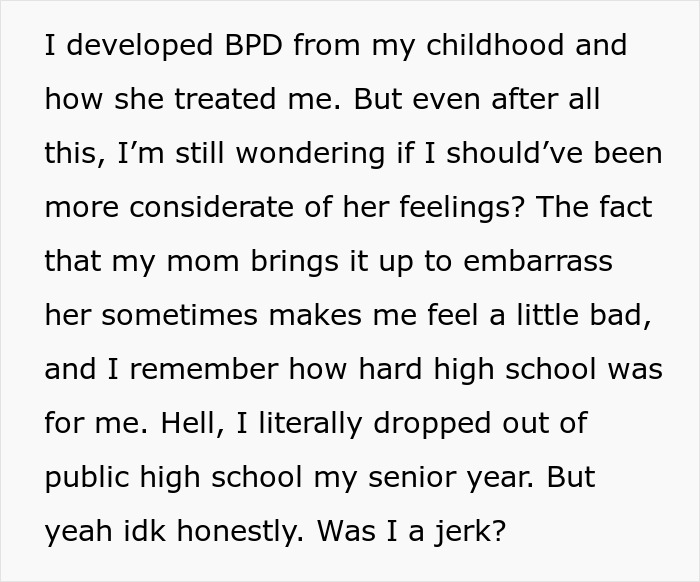 A screenshot of text discussing the woman's feelings and her teen sister's impact on her mental health after the birthday dinner.