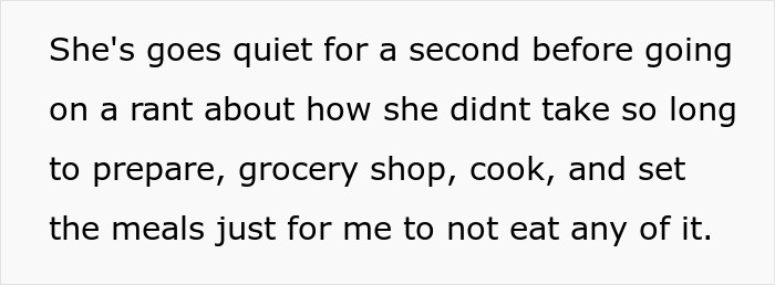 A woman refuses to eat MILs cooking, leading to a rant about meal preparation.