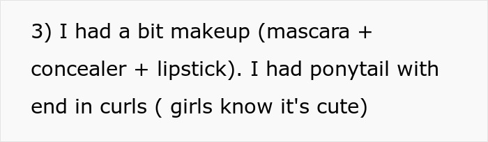 Screenshot of text about woman's makeup (mascara, concealer, lipstick) and a ponytail with end curls for a date. Screenshot of text about woman's makeup (mascara, concealer, lipstick) and a ponytail with end curls for a date.