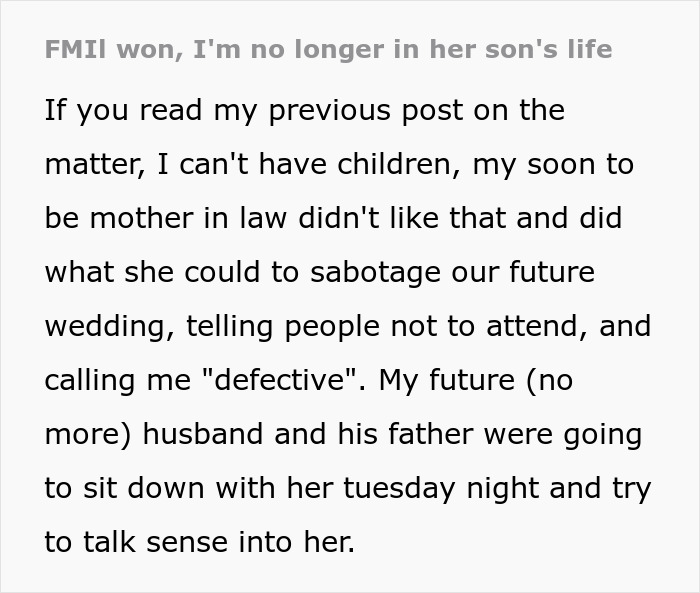 A woman describes her future mother-in-law calling her defective and trying to stop her son from marrying her.