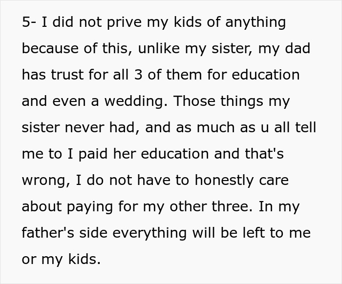 Text snippet: dad trusts his kids for education and wedding, unlike the sister, impacting the family vacation.