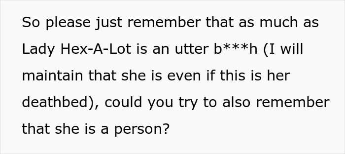 Text overlay asking to remember the Crazy MIL, Lady Hex-A-Lot, as a person despite her potion and witching.