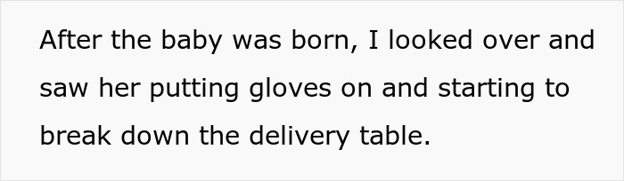 A mom puts on gloves to break down the delivery table after DIL's delivery, taking on nurse mode.