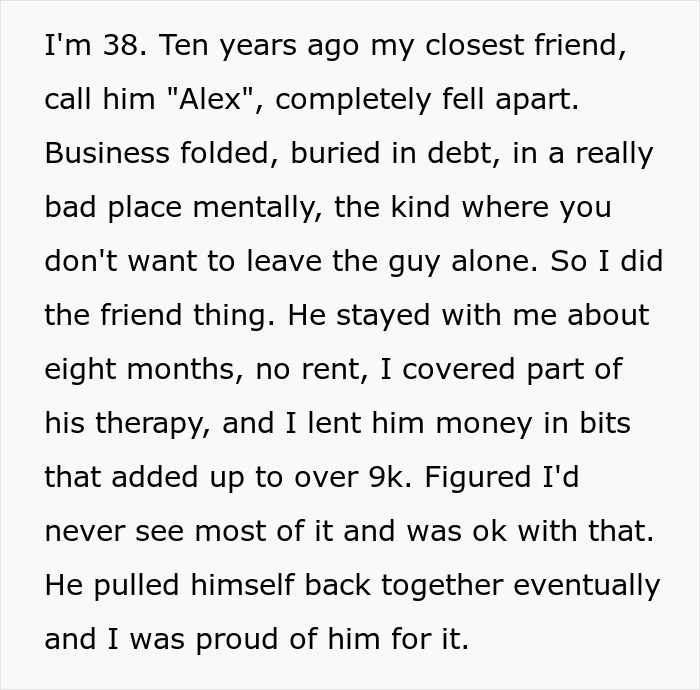Text describing helping a friend rebuild life after business collapse, showcasing the depth of trust. Text describing helping a friend rebuild life after business collapse, showcasing the depth of trust.