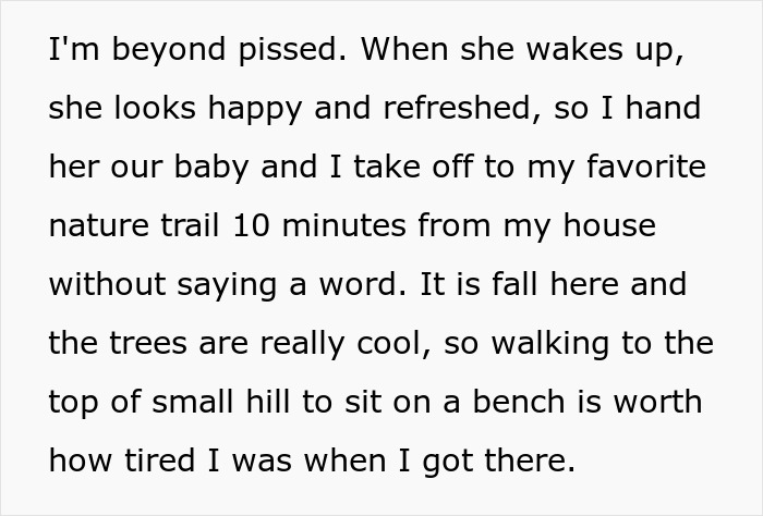 Text describing a husband's frustration and a walk in nature, highlighting marital struggles with a postpartum wife.