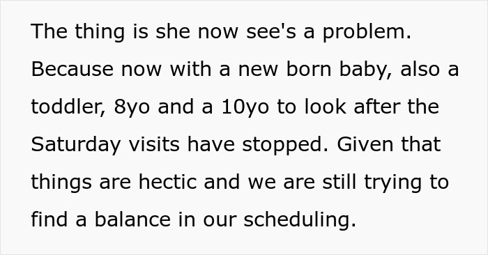 Text snippet explaining the stopped Saturday visits due to a new born baby and busy scheduling. Text snippet explaining the stopped Saturday visits due to a new born baby and busy scheduling.