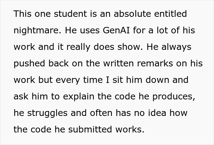 Text outlining a lecturer's experience with an entitled student refusing group work and using GenAI, leading to a hard fail. Text outlining a lecturer's experience with an entitled student refusing group work and using GenAI, leading to a hard fail.