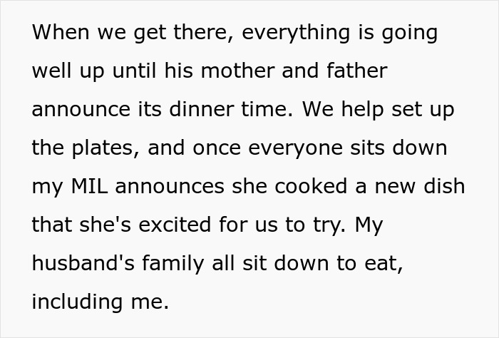 Text explaining a woman's refusal to eat her MIL's cooking at a family dinner.