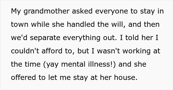 Text about the family staying in town for the will, an aspect of the great-grandma's trolling. Text about the family staying in town for the will, an aspect of the great-grandma's trolling.