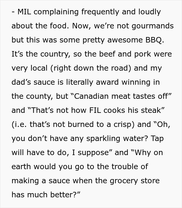 Groom's mom complains about wedding food, criticizing BBQ and drinks.
