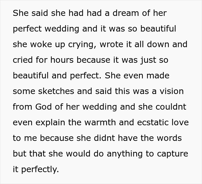 Text describing a bride's dream of a perfect wedding and her desire for a classmate to play violin.