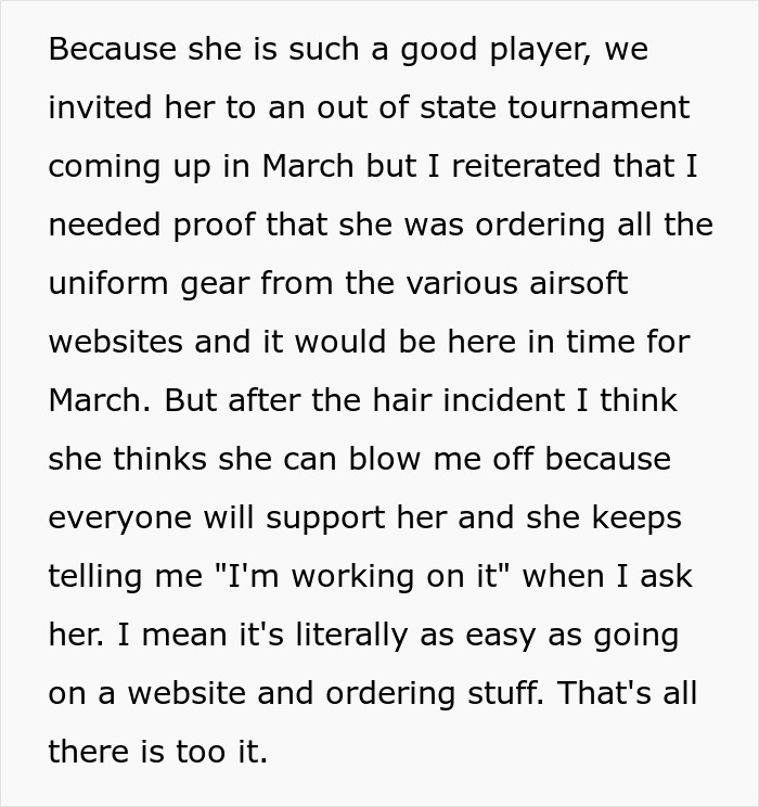 Airsoft leader discusses a woman's gear order for an out-of-state tournament and potential ignoring of dress code. Airsoft leader discusses a woman's gear order for an out-of-state tournament and potential ignoring of dress code.