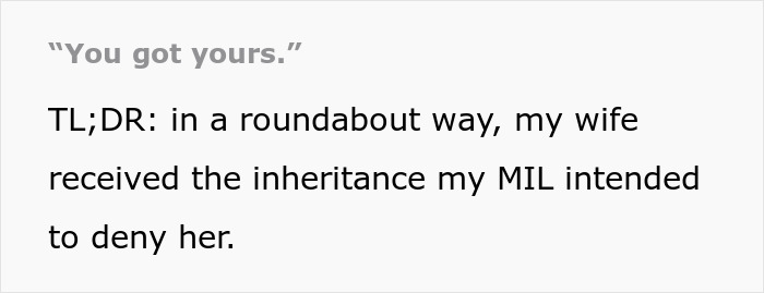 Text snippet explaining that a wife received the inheritance her MIL intended to deny her. Text snippet explaining that a wife received the inheritance her MIL intended to deny her.