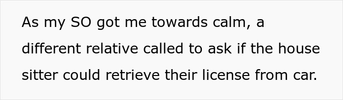 Text detailing a relative asking the house sitter to retrieve a license from the car.