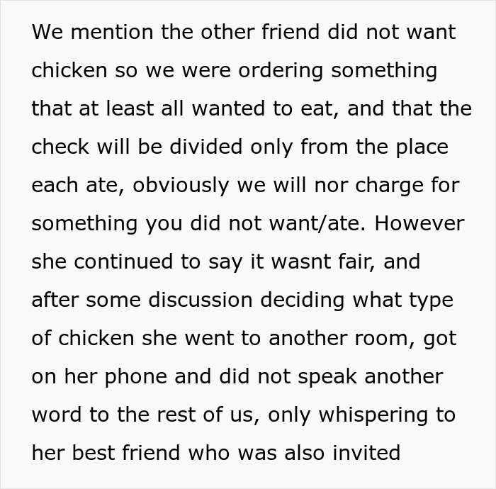 A screenshot of text describing a picky eater's unfair reaction to a meal order. A screenshot of text describing a picky eater's unfair reaction to a meal order.