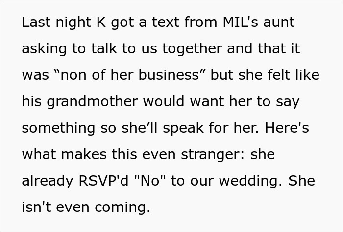 A screenshot of a text message about a family feud regarding a childfree wedding, citing MIL's aunt. A screenshot of a text message about a family feud regarding a childfree wedding, citing MIL's aunt.