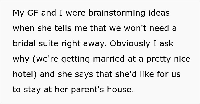 Text about the bride's family expecting them to stay at her parents' house on their wedding night.
