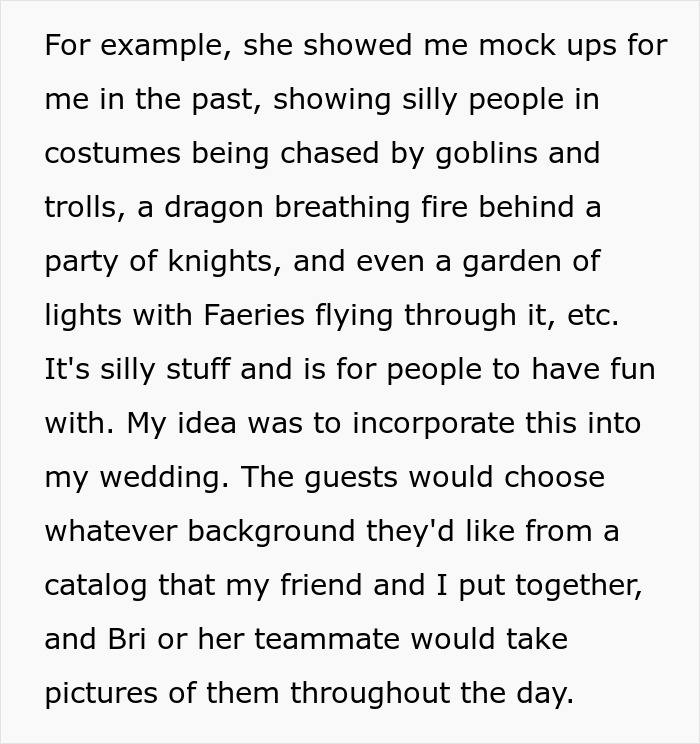Text snippet describing wedding plans, including mock-ups of silly costumes and fantasy scenes for the groom's fixation.