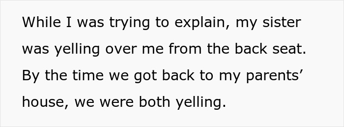 Screenshot describing sister's unexpected reaction during a car trip, sparking family drama. Screenshot describing sister's unexpected reaction during a car trip, sparking family drama.