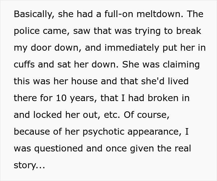 Text describing the police arrival after a woman's scary fixation escalated, resulting in her being cuffed.