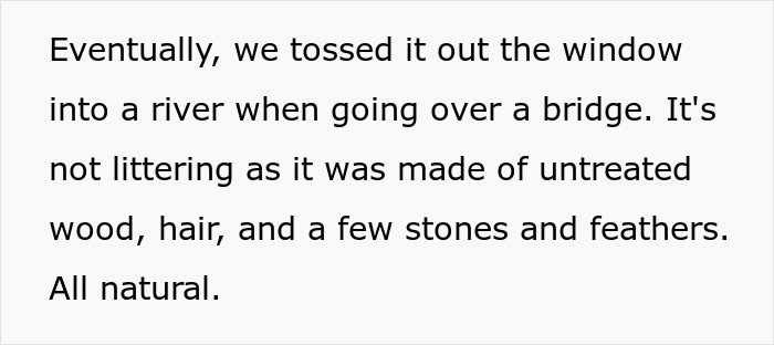 Text explaining a crazy MIL's witchcraft item, made of natural materials after a potion incident, was tossed into a river.