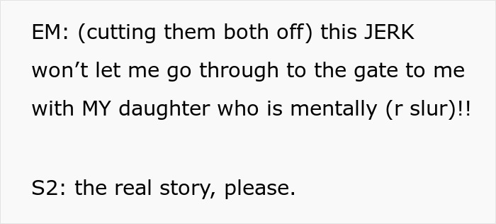 Text from an airport security situation where toxic parents try to prevent their 18YO daughter from leaving the country. Text from an airport security situation where toxic parents try to prevent their 18YO daughter from leaving the country.