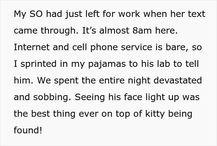 A partner expresses devastation after a house sitter incident, then joy as the lost cat is found.