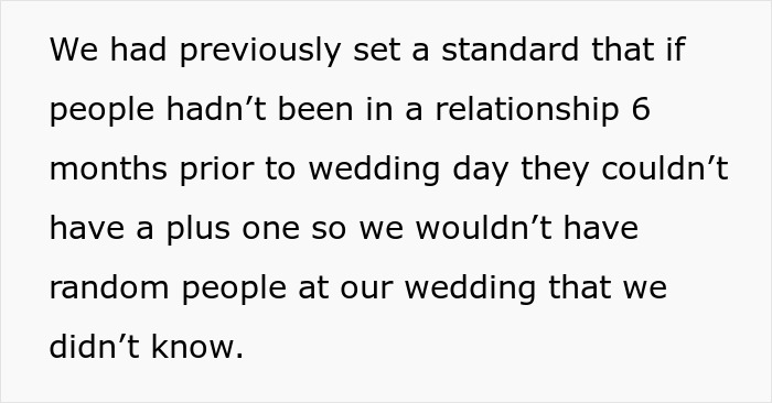 Text explaining the guest policy that impacts a groomsman's toxic GF not being invited to a wedding. Text explaining the guest policy that impacts a groomsman's toxic GF not being invited to a wedding.