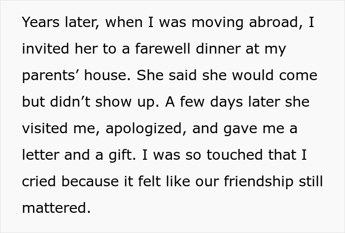 Screenshot of text recounting how the influencer bestie missed a farewell dinner but later apologized with a letter and gift. Screenshot of text recounting how the influencer bestie missed a farewell dinner but later apologized with a letter and gift.