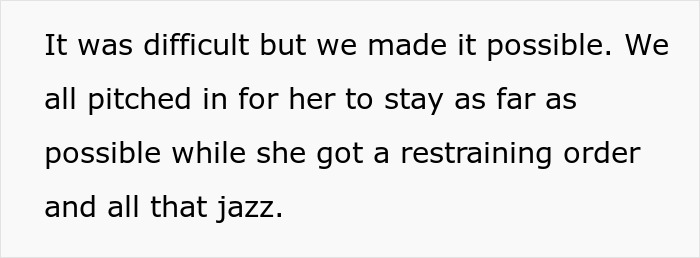 Screenshot of a post explaining the wife's restraining order, detailing the past trauma that led to the man refusing to house his mom.