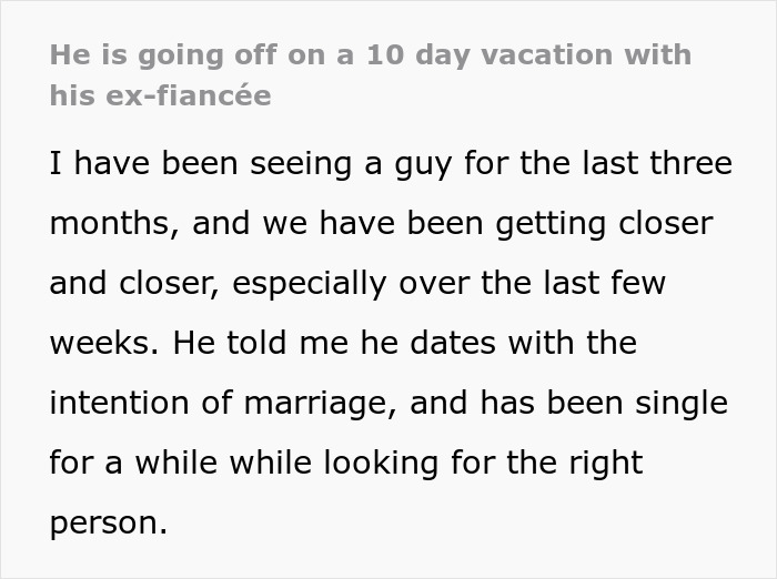Text about BF's 10-day trip with his ex-fianc&eacute;e, GF connecting the dots.