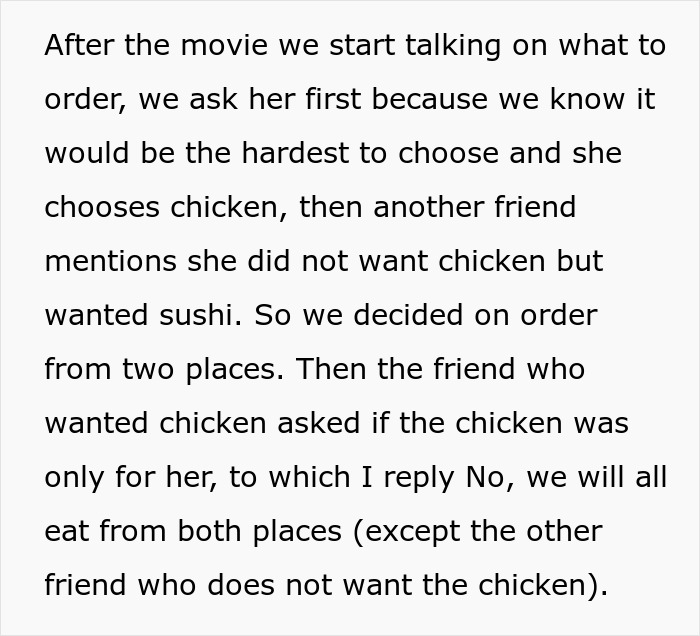 A screenshot of text about a picky eater choosing chicken and another friend wanting sushi. A screenshot of text about a picky eater choosing chicken and another friend wanting sushi.