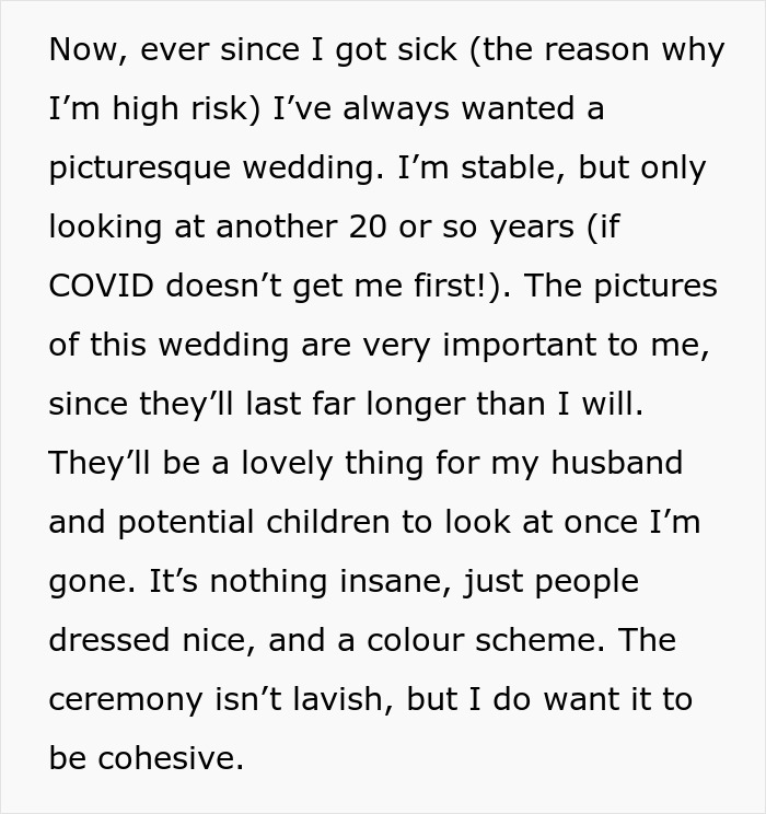 Another screenshot from the Reddit post, where the bride explains her health and the importance of her wedding pictures. Another screenshot from the Reddit post, where the bride explains her health and the importance of her wedding pictures.