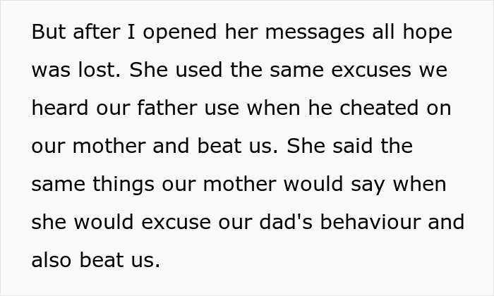 A woman reads her sister's messages, realizing her sister used the same excuses their father used when cheating.